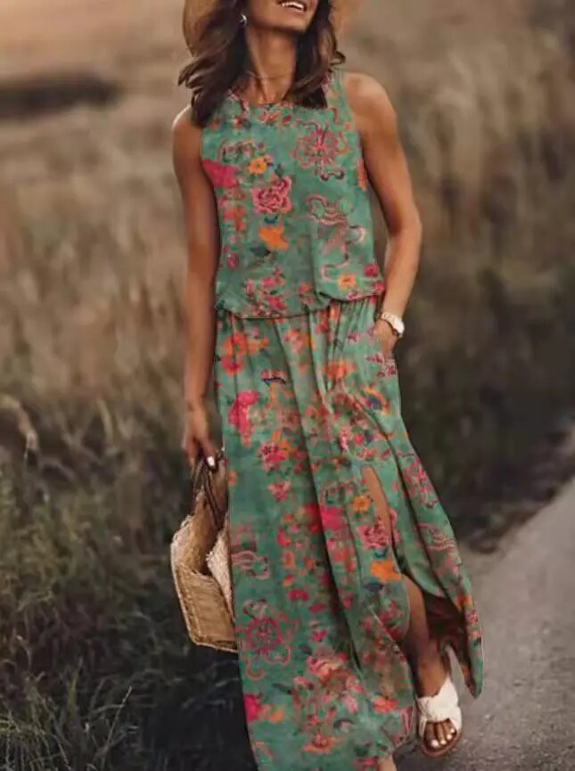 Nina | Damen Maxikleid Ärmellos Rundhals Muster Sommer