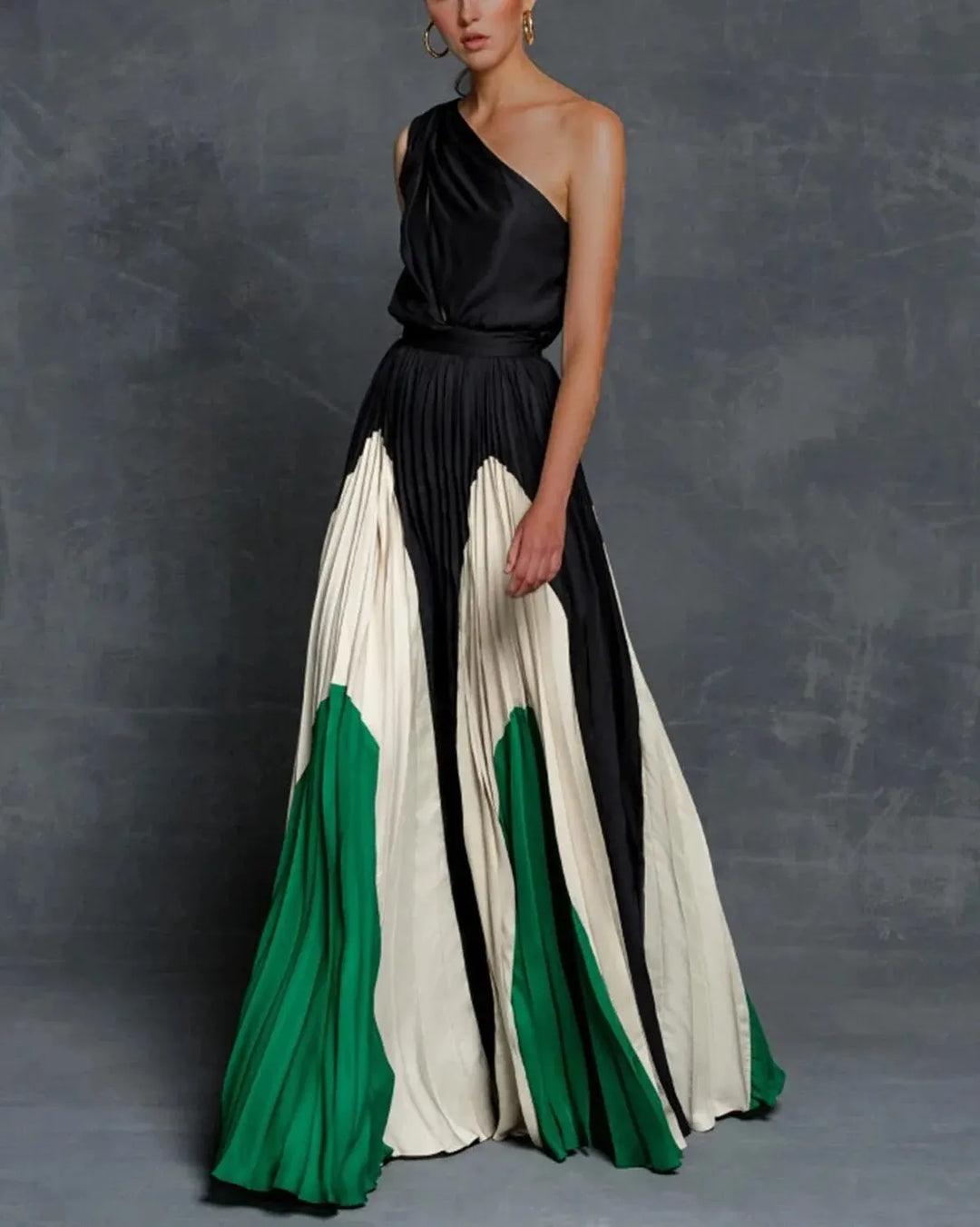 Valentina | Damen Maxikleid One-Shoulder Plisseerock Colorblock