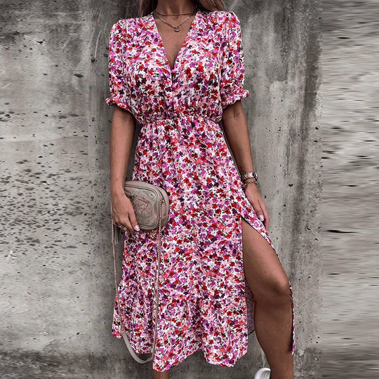 Maja | Damen Sommerkleid Blumenmuster V-Ausschnitt Schlitz