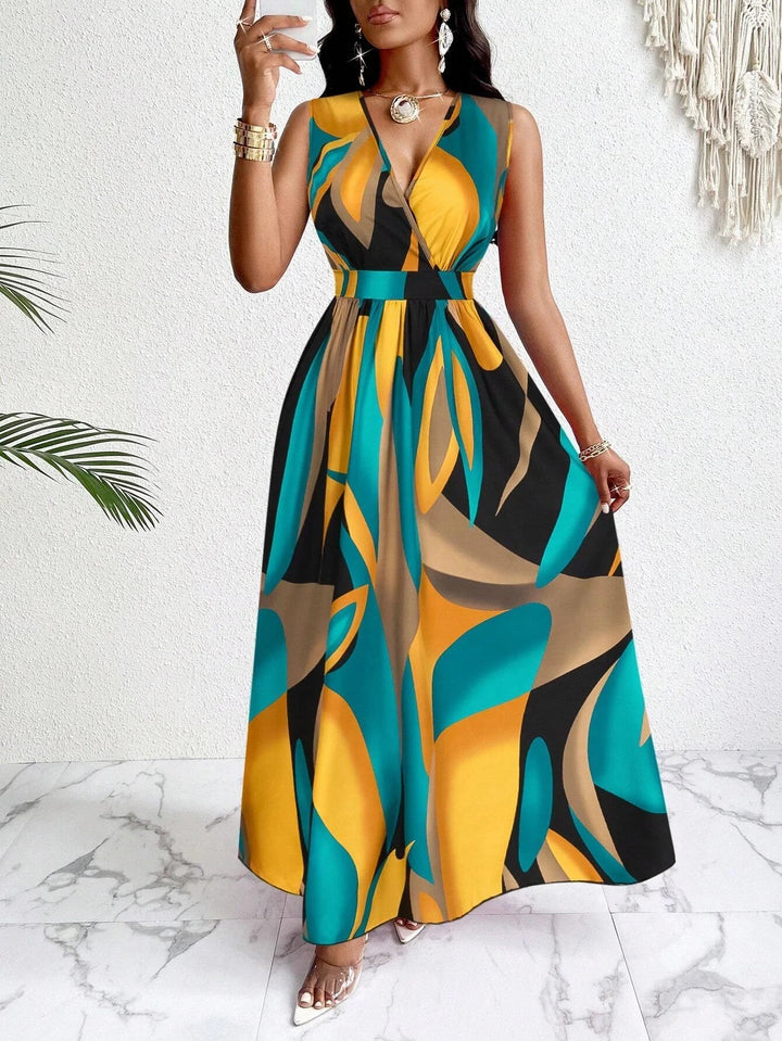 Nina | Damen Maxi-Kleid V-Ausschnitt Colorblock Print Elegant