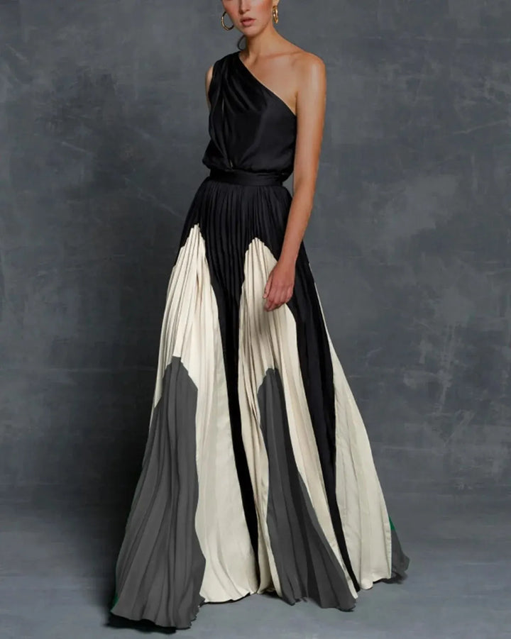 Valentina | Damen Maxikleid One-Shoulder Plisseerock Colorblock