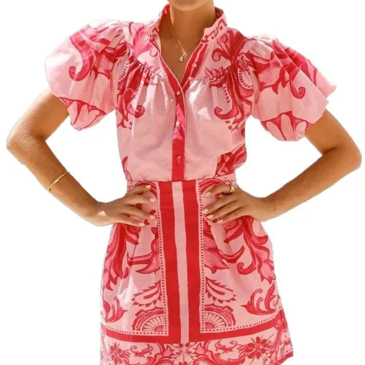 Capri | Damen Minikleid Puffärmel Knopfleiste Floral