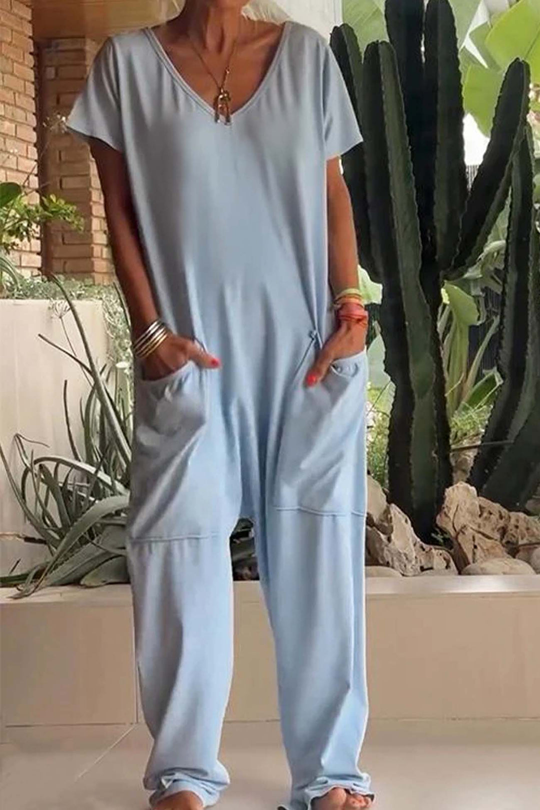 Dell | Damen Jumpsuit V-Ausschnitt Kurzarm Loose Fit mit Taschen