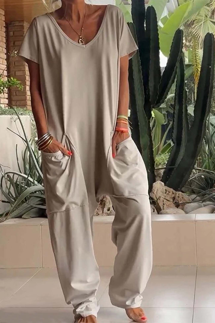 Dell | Damen Jumpsuit V-Ausschnitt Kurzarm Loose Fit mit Taschen