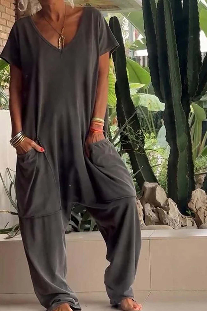 Dell | Damen Jumpsuit V-Ausschnitt Kurzarm Loose Fit mit Taschen