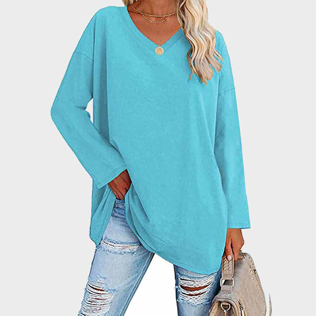 Loree | Damen Longshirt V-Ausschnitt Langarm Übergroß Oberteil