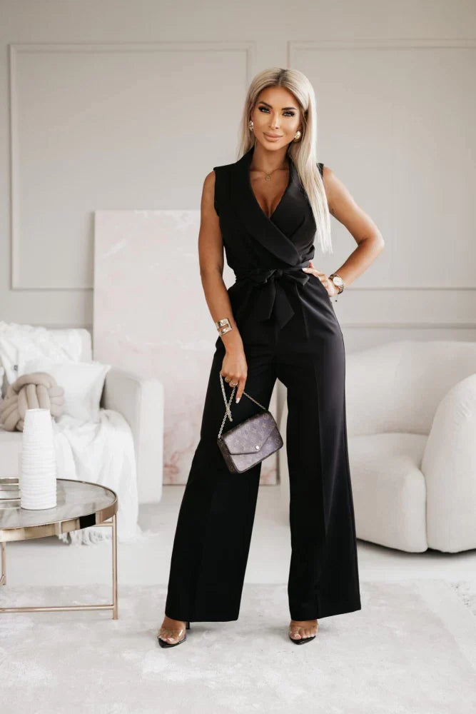 Ines | Damen Jumpsuit Ärmellos V-Ausschnitt Weites Bein Elegant