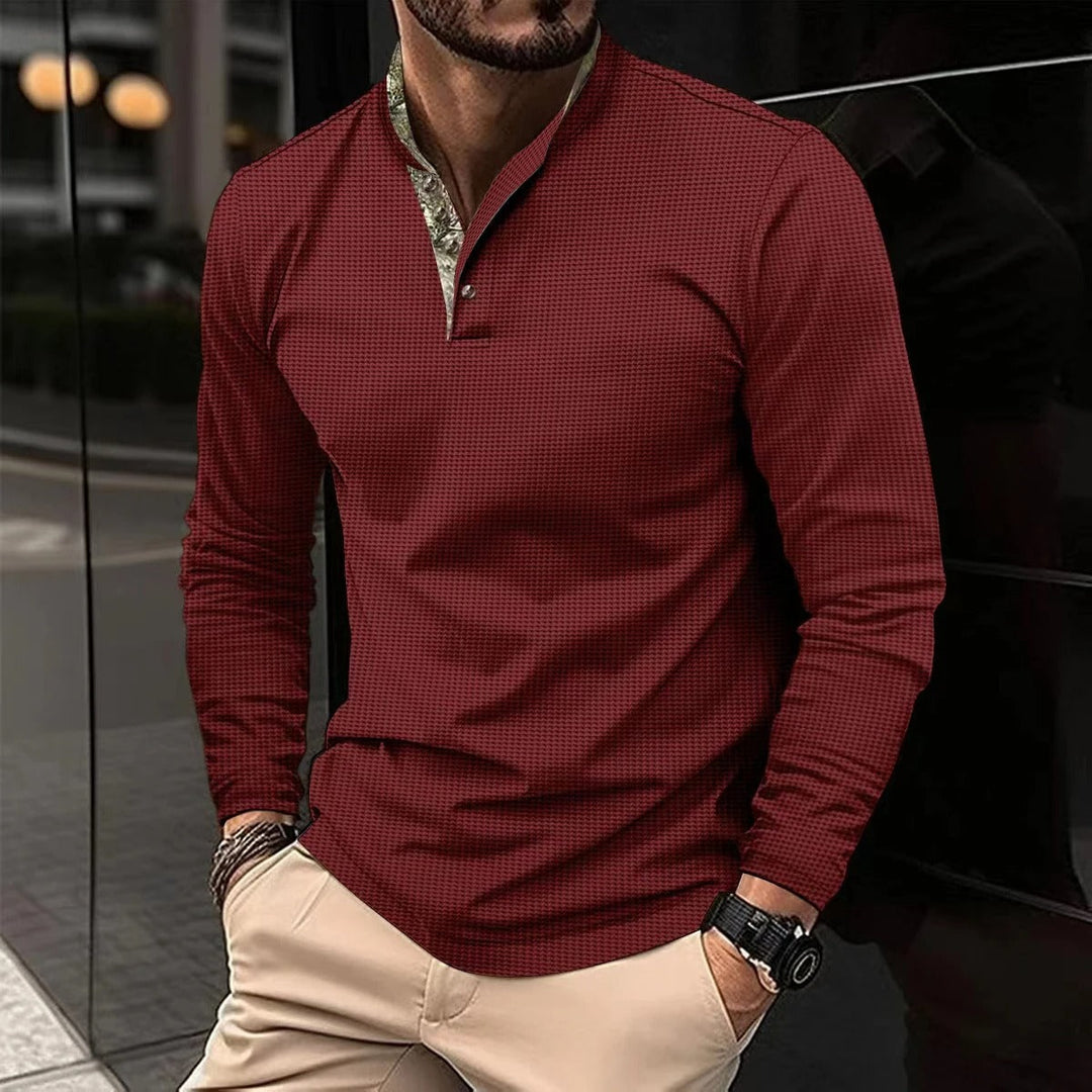 Niko | Herren Langarm Henley Shirt Stehkragen Waffelstruktur
