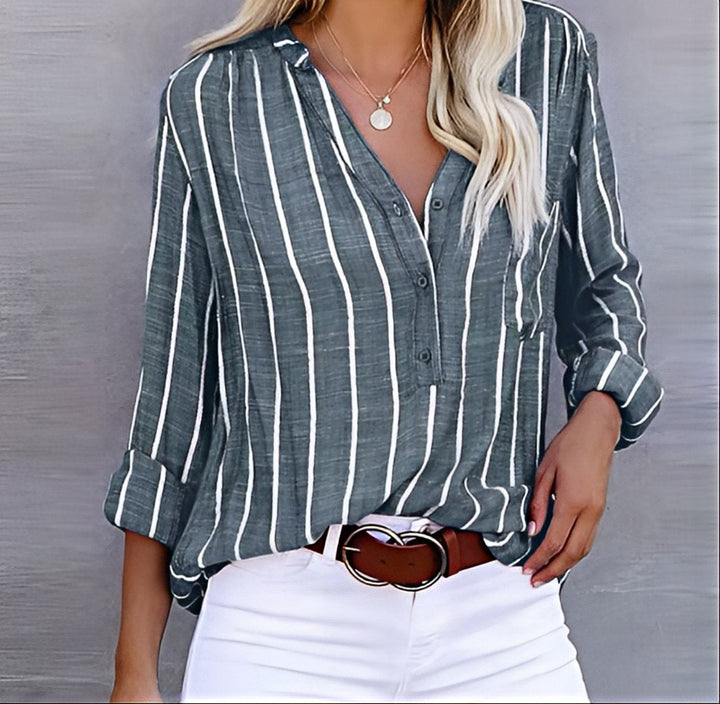 Evana | Damen Streifenbluse V-Ausschnitt Langarm Lässige Bluse