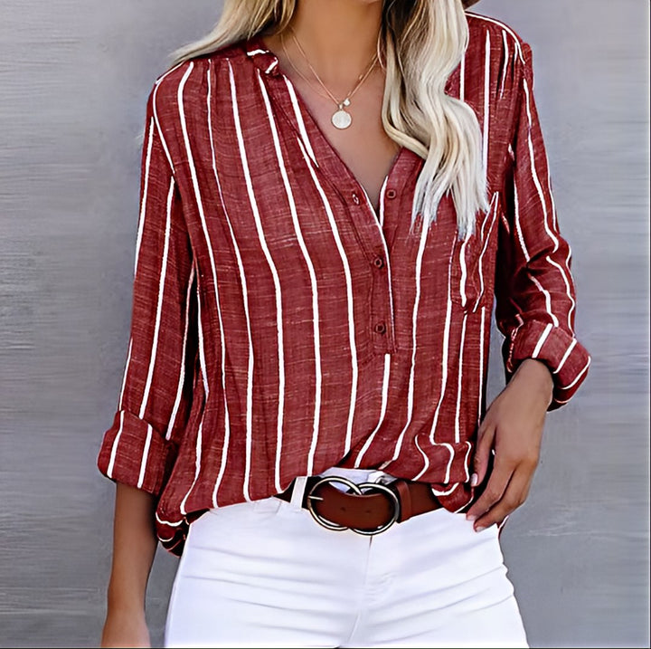 Evana | Damen Streifenbluse V-Ausschnitt Langarm Lässige Bluse