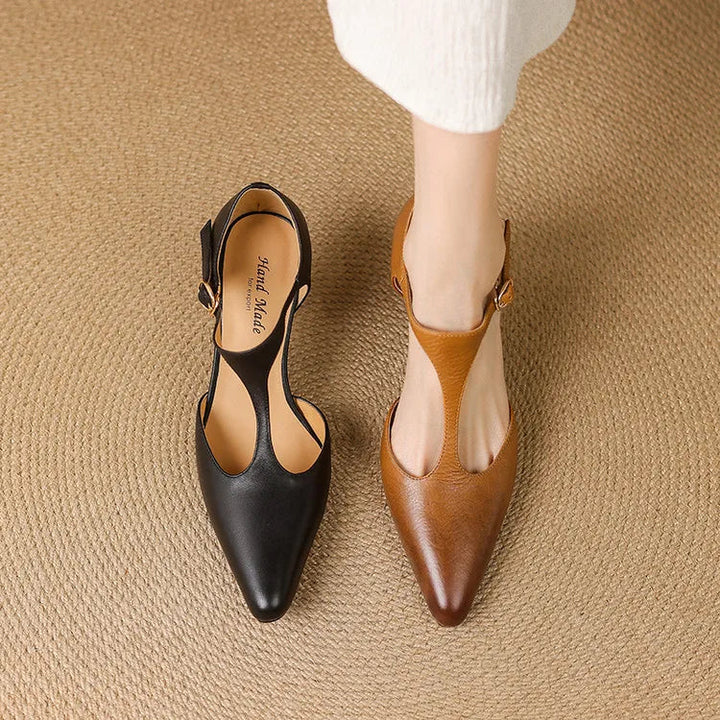 Vera | Damen Leder Pumps T-Strap Kitten Heel Spitz Elegant