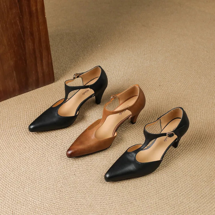 Vera | Damen Leder Pumps T-Strap Kitten Heel Spitz Elegant