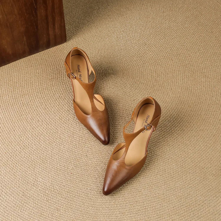 Vera | Damen Leder Pumps T-Strap Kitten Heel Spitz Elegant