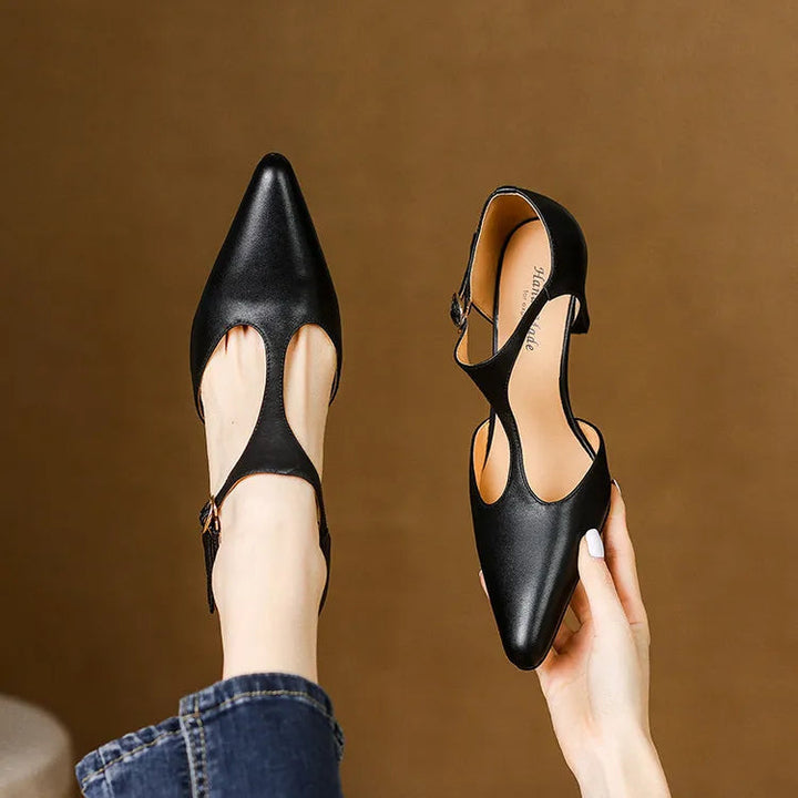 Vera | Damen Leder Pumps T-Strap Kitten Heel Spitz Elegant