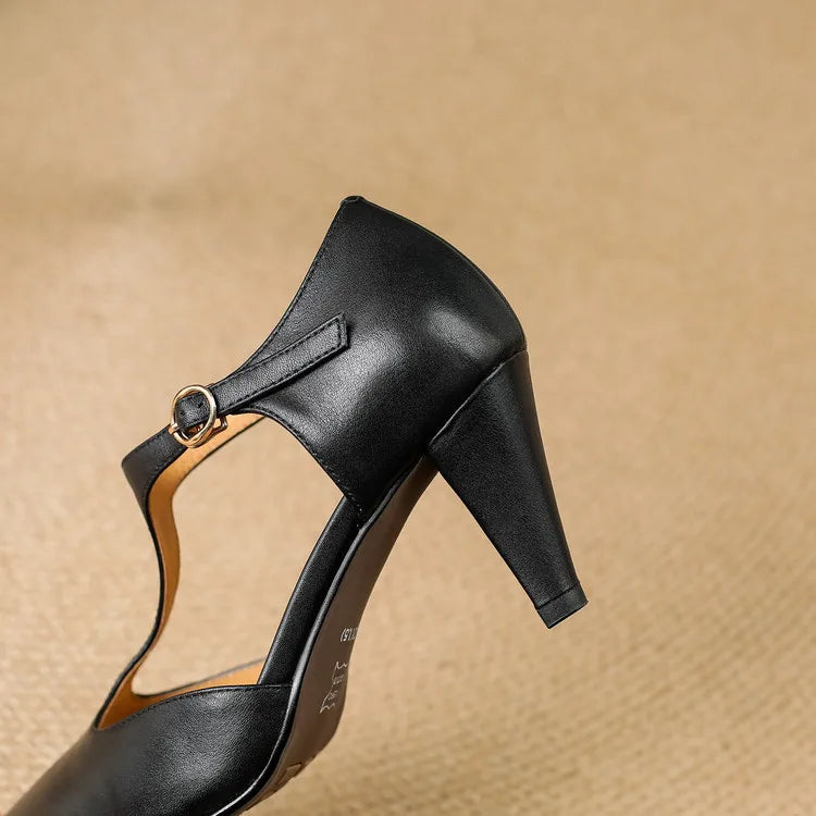 Vera | Damen Leder Pumps T-Strap Kitten Heel Spitz Elegant