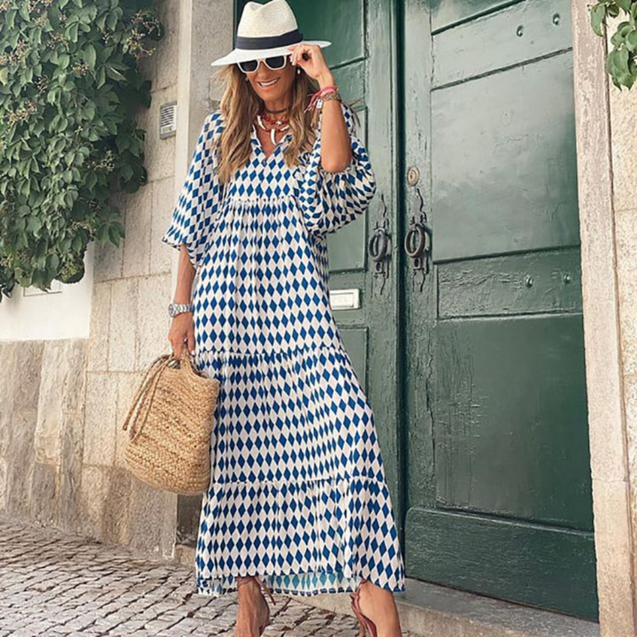 Rosa | Damen Boho Maxi-Kleid Puffärmel V-Ausschnitt Muster