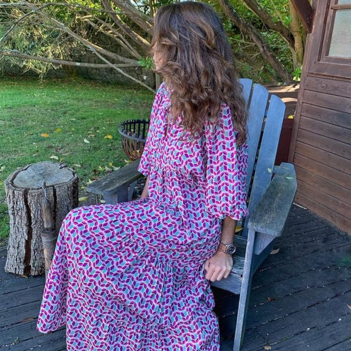 Rosa | Damen Boho Maxi-Kleid Puffärmel V-Ausschnitt Muster