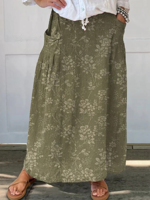 Elise | Damen Maxi Rock Vintage Blumenprint Elastischer Bund mit Taschen