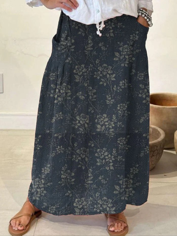 Elise | Damen Maxi Rock Vintage Blumenprint Elastischer Bund mit Taschen