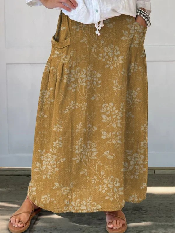 Elise | Damen Maxi Rock Vintage Blumenprint Elastischer Bund mit Taschen