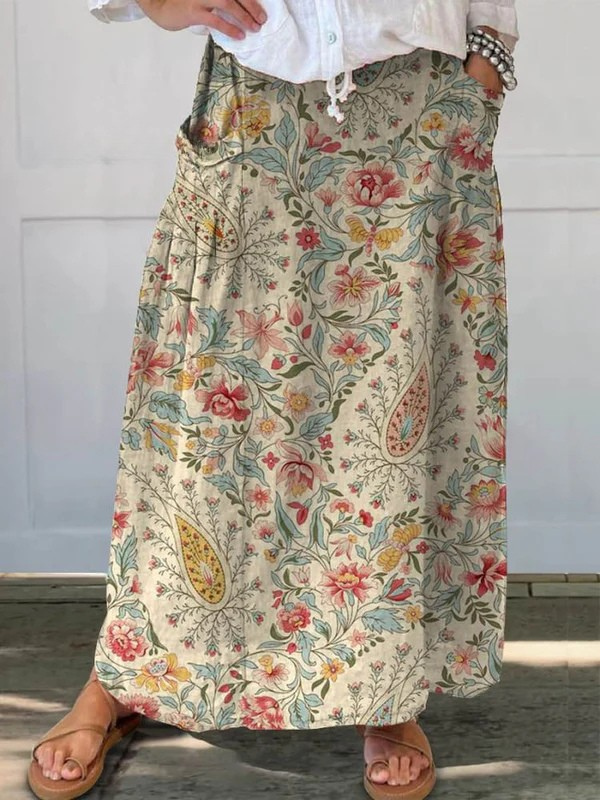Mara | Damen Maxi Rock Blumenprint Elastischer Bund mit Taschen