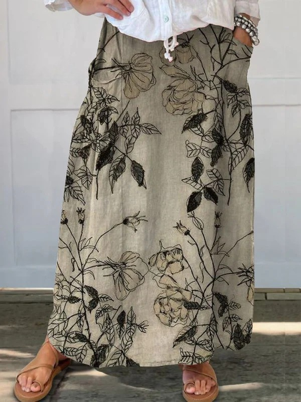 Lena | Damen Maxi Rock Retro Blumenprint Elastischer Bund mit Taschen