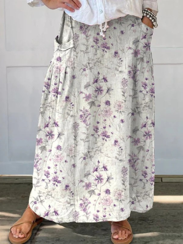 Sofia | Damen Maxi Rock Vintage Blumenprint Elastischer Bund mit Taschen
