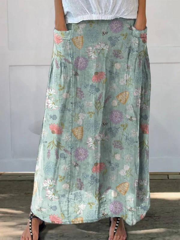 Flora | Damen Maxi Rock Blumen Hummel Print Elastischer Bund mit Taschen