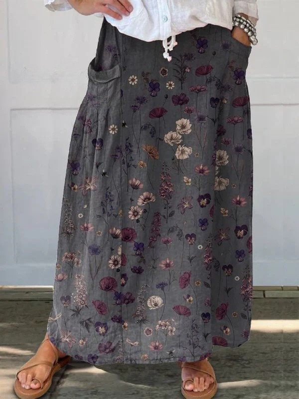 Nora | Damen Maxi Rock Blumen Kunstdruck Elastischer Bund mit Taschen