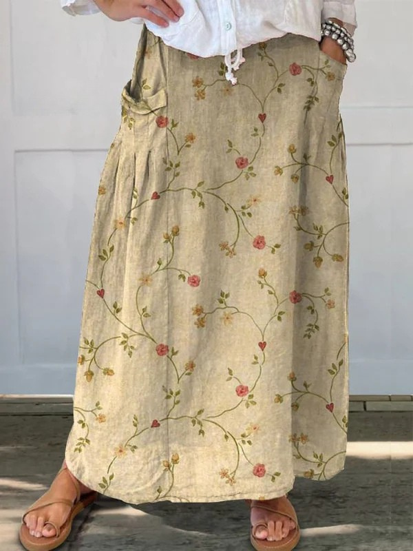 Clara | Damen Maxi Rock Rosen Ranken Print Elastischer Bund mit Taschen