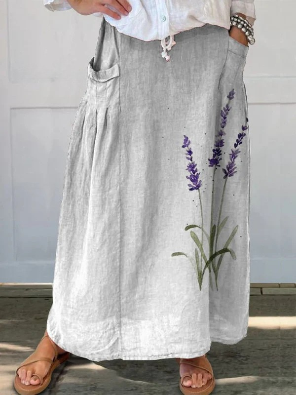 Vivienne | Damen Maxi Rock Lavendel Print Elastischer Bund mit Taschen