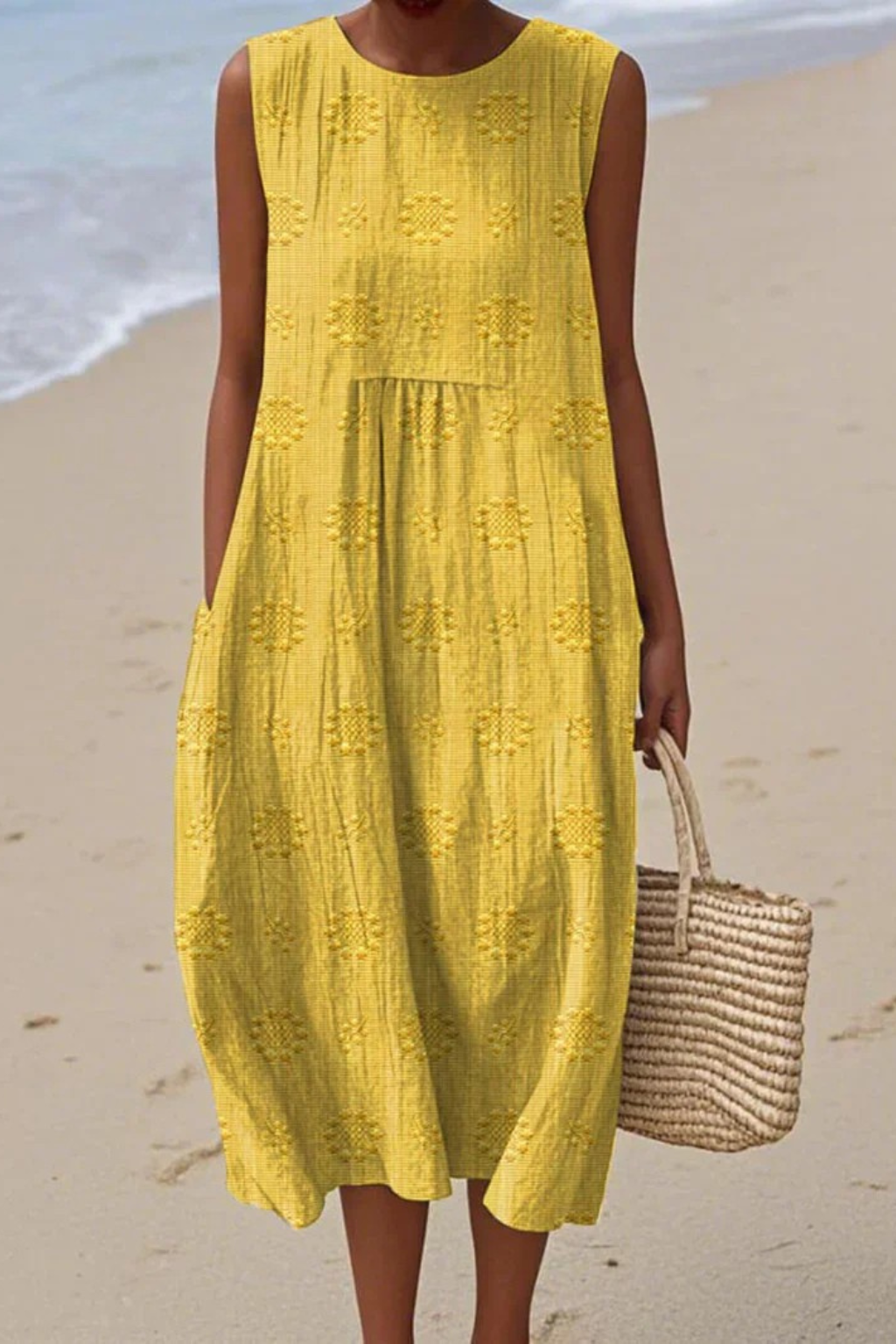 Mia | Damen Sommerkleid Ärmellos Midi Stufenkleid Einfarbig Strandkleid