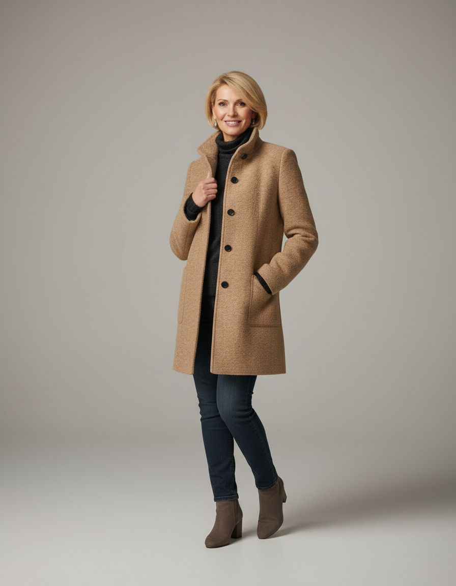 Vivienne Damen Übermantel – Frontansicht am Modell, camel-farbener Mantel mit schlanker Silhouette