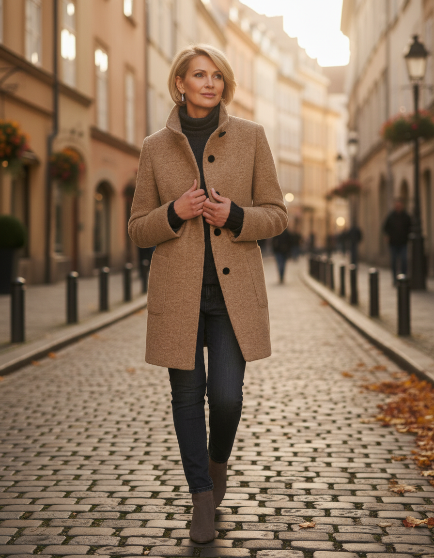 Vivienne Damen Übermantel – Outdoor-Aufnahme am Modell, eleganter figurbetonter Camel-Mantel