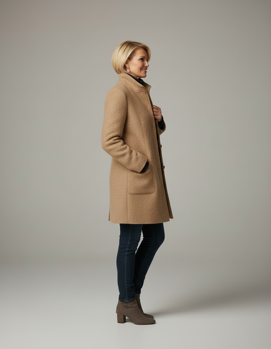 Vivienne Damen Übermantel – Seitenansicht am Modell, eleganter camel-farbener Mantel