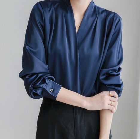 Ines | Damen Satin Bluse Wickel V-Ausschnitt Puffärmel
