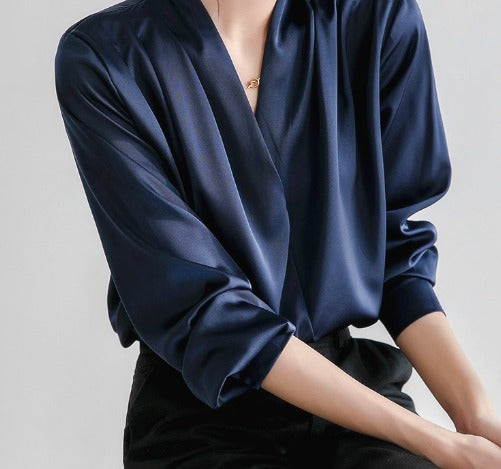 Ines | Damen Satin Bluse Wickel V-Ausschnitt Puffärmel