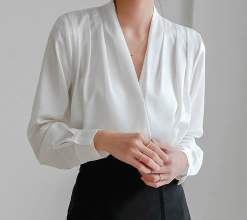 Ines | Damen Satin Bluse Wickel V-Ausschnitt Puffärmel