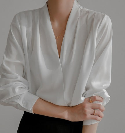 Ines | Damen Satin Bluse Wickel V-Ausschnitt Puffärmel