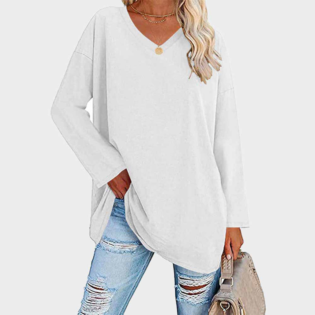 Loree | Damen Longshirt V-Ausschnitt Langarm Übergroß Oberteil