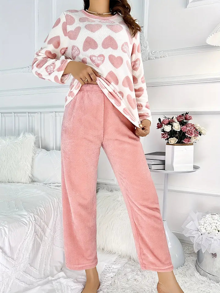 Rosie | Damen Fleece Pyjama Set Herzdruck Langarm