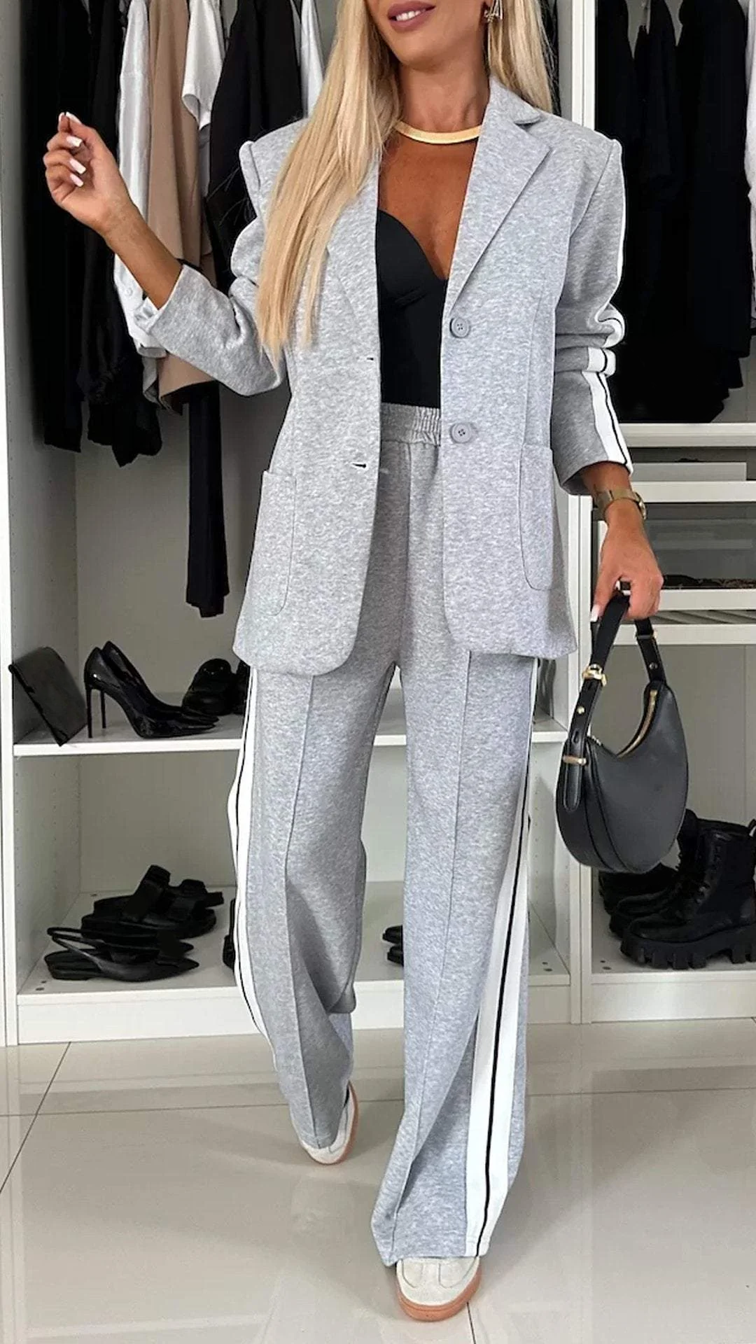 Grace | Damen Blazer Set Melange Wide Leg Hose Zweiteiler