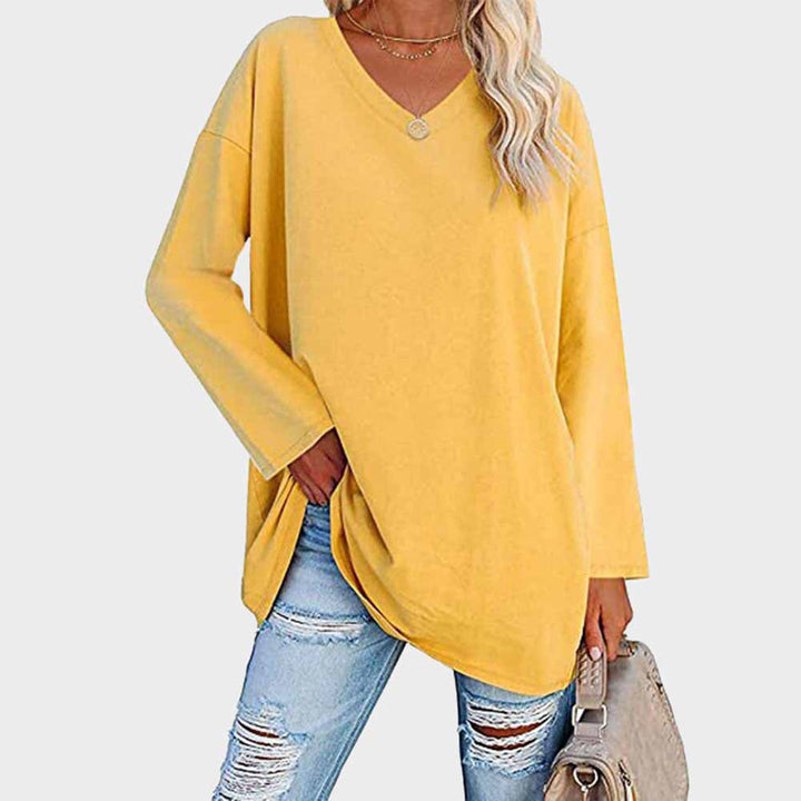Loree | Damen Longshirt V-Ausschnitt Langarm Übergroß Oberteil