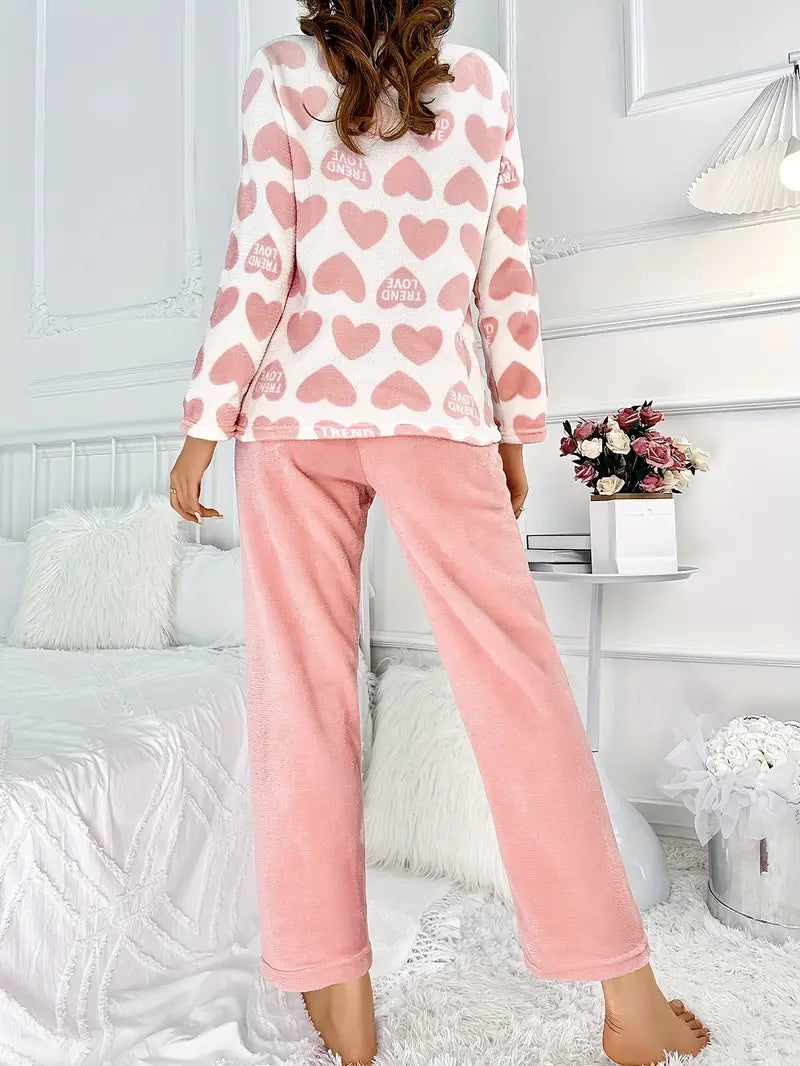 Rosie | Damen Fleece Pyjama Set Herzdruck Langarm
