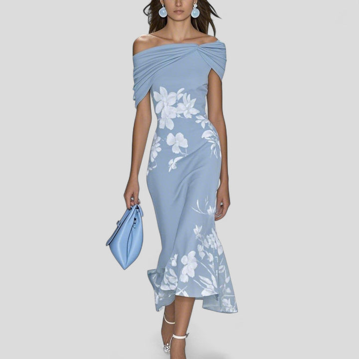 Vivienne | Damen Midi Kleid Off-Shoulder Blumenmuster Festliches Sommerkleid