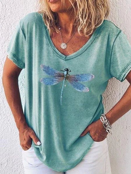 Taira | Damen T-Shirt V-Ausschnitt Libellen Print Kurzarm