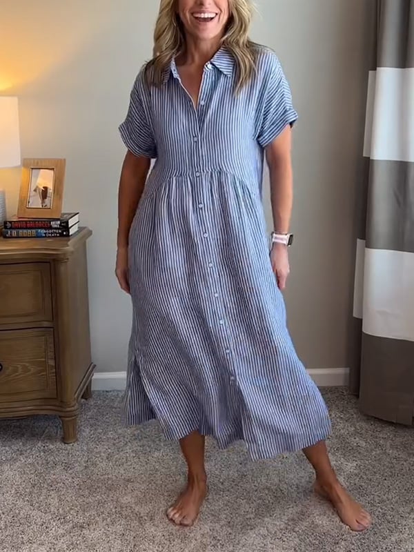 Franziska | Damen Hemdkleid Midi Streifen Kurzarm Knöpfe
