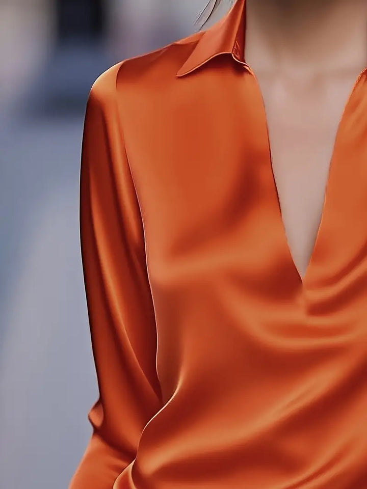 Stella | Damen Satin Bluse Langarm V-Ausschnitt Elegant