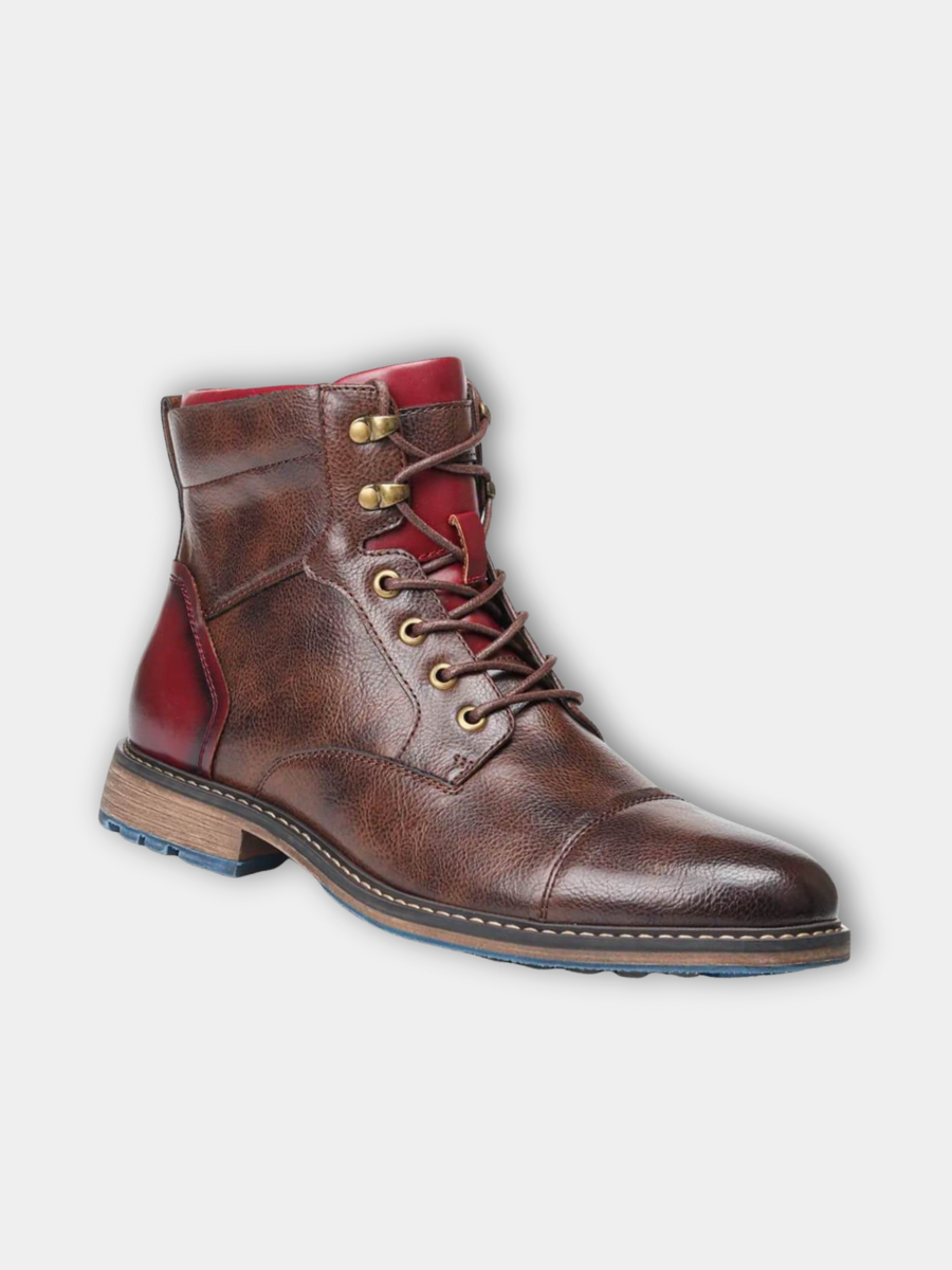 Rex | Herren Oxford Stiefelette Schnürung Leder Rot-Kontrast