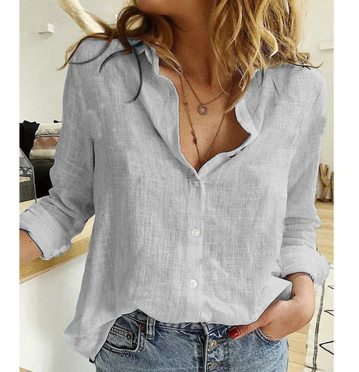 Adelaida | Damen V-Ausschnitt Knopfleiste Langarm Bluse - Navy - Image 8